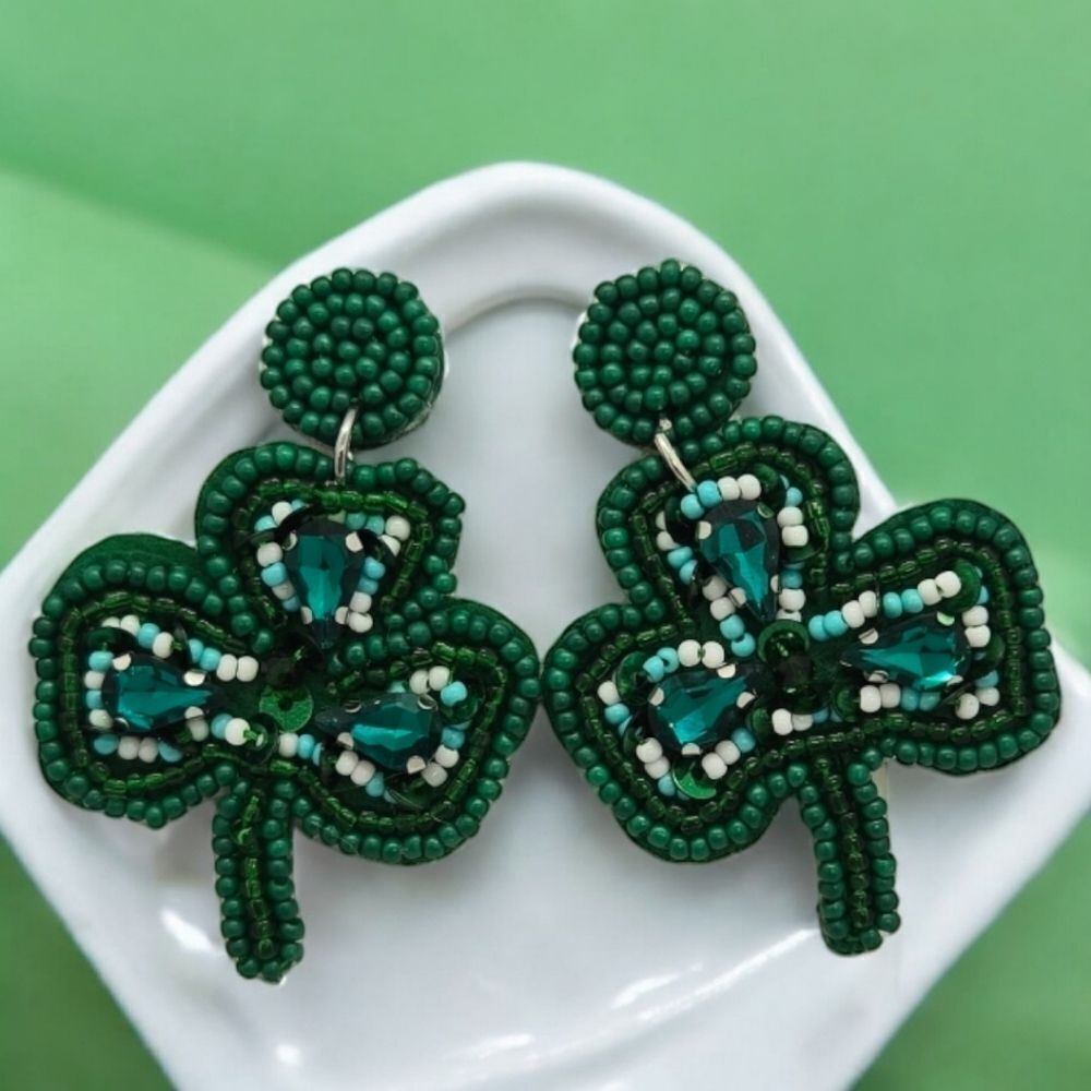 Green Clover Beaded Earrings LargeโBeadwork Shamrock Bead Lucky St Patrick's Day